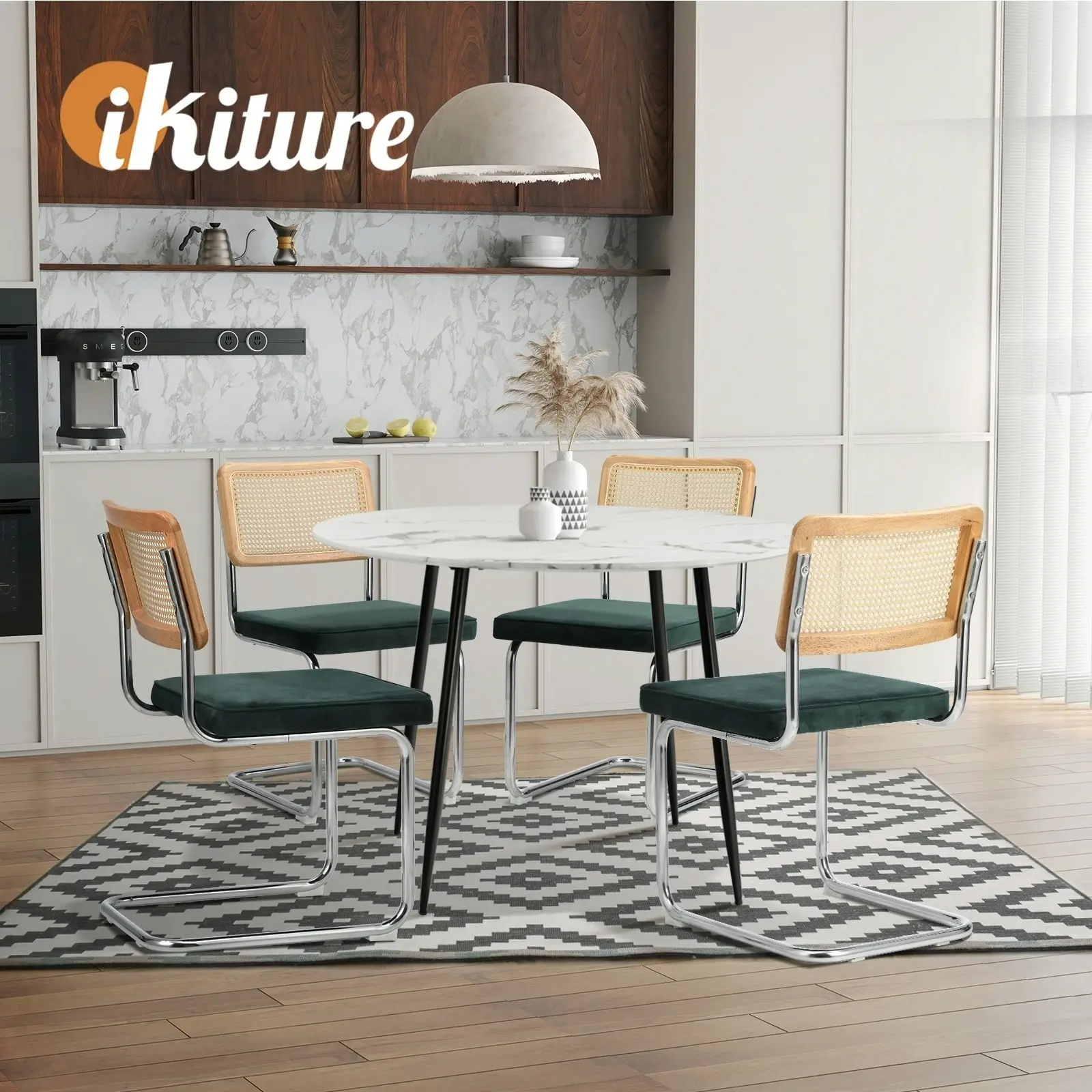 Oikiture 4x Rattan Dining Chair Cesca Replica Cantilever Velvet Padded Green