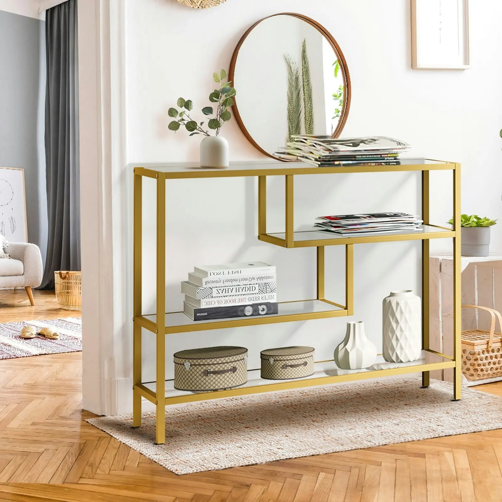 Oikiture 4 Shelves Console Table Tempered Glass Sofa Table Hall Side Entry Gold