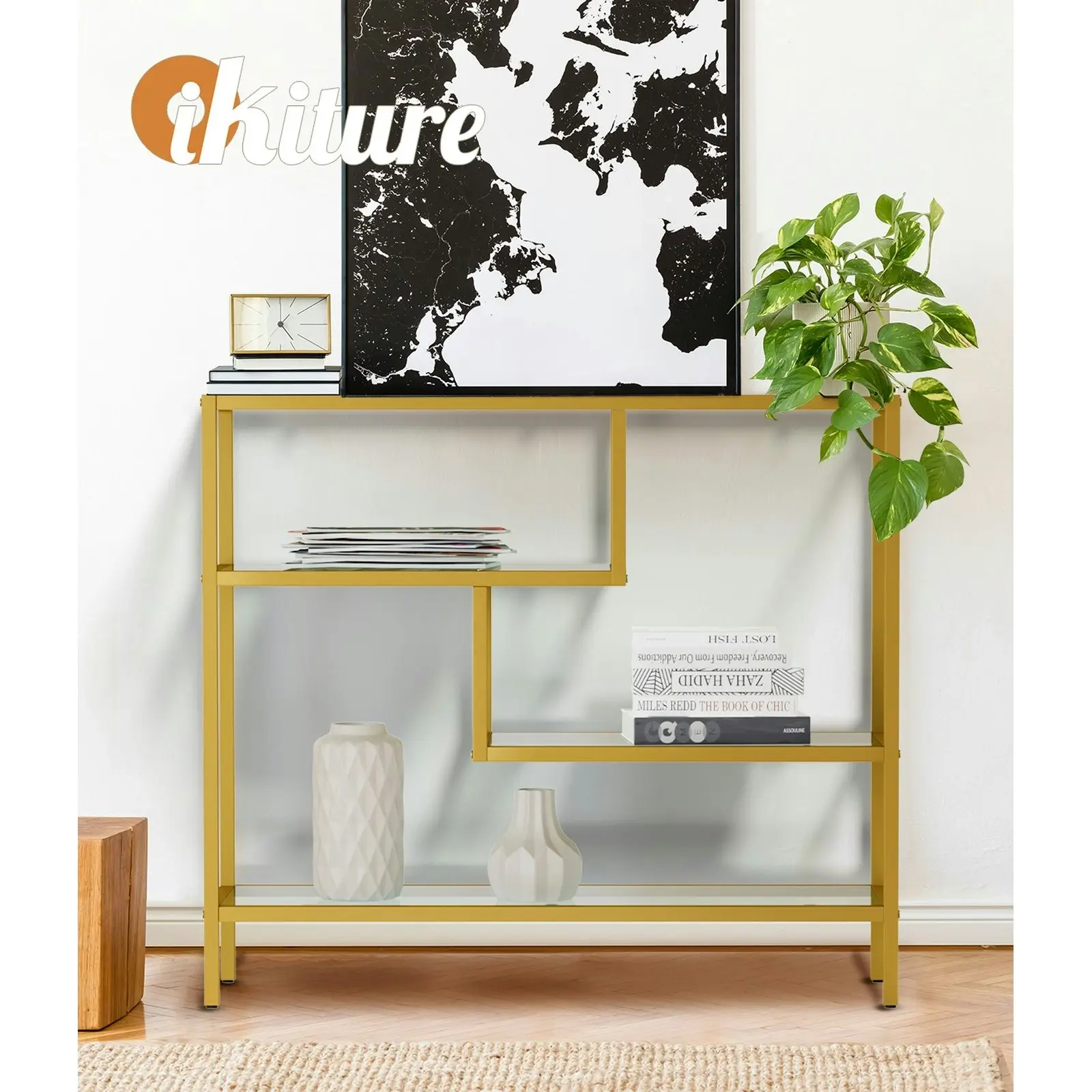 Oikiture 4 Shelves Console Table Tempered Glass Sofa Table Hall Side Entry Gold