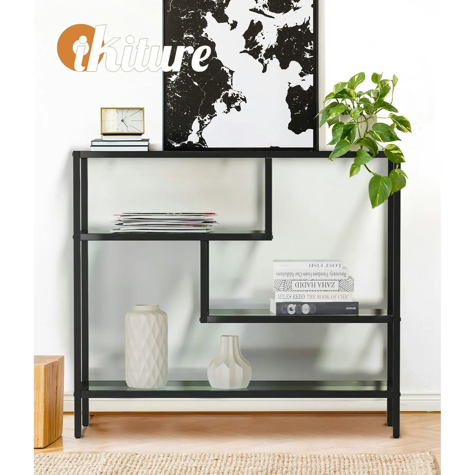 Oikiture 4 Shelves Console Table Tempered Glass Sofa Table Hall Side Entry Black