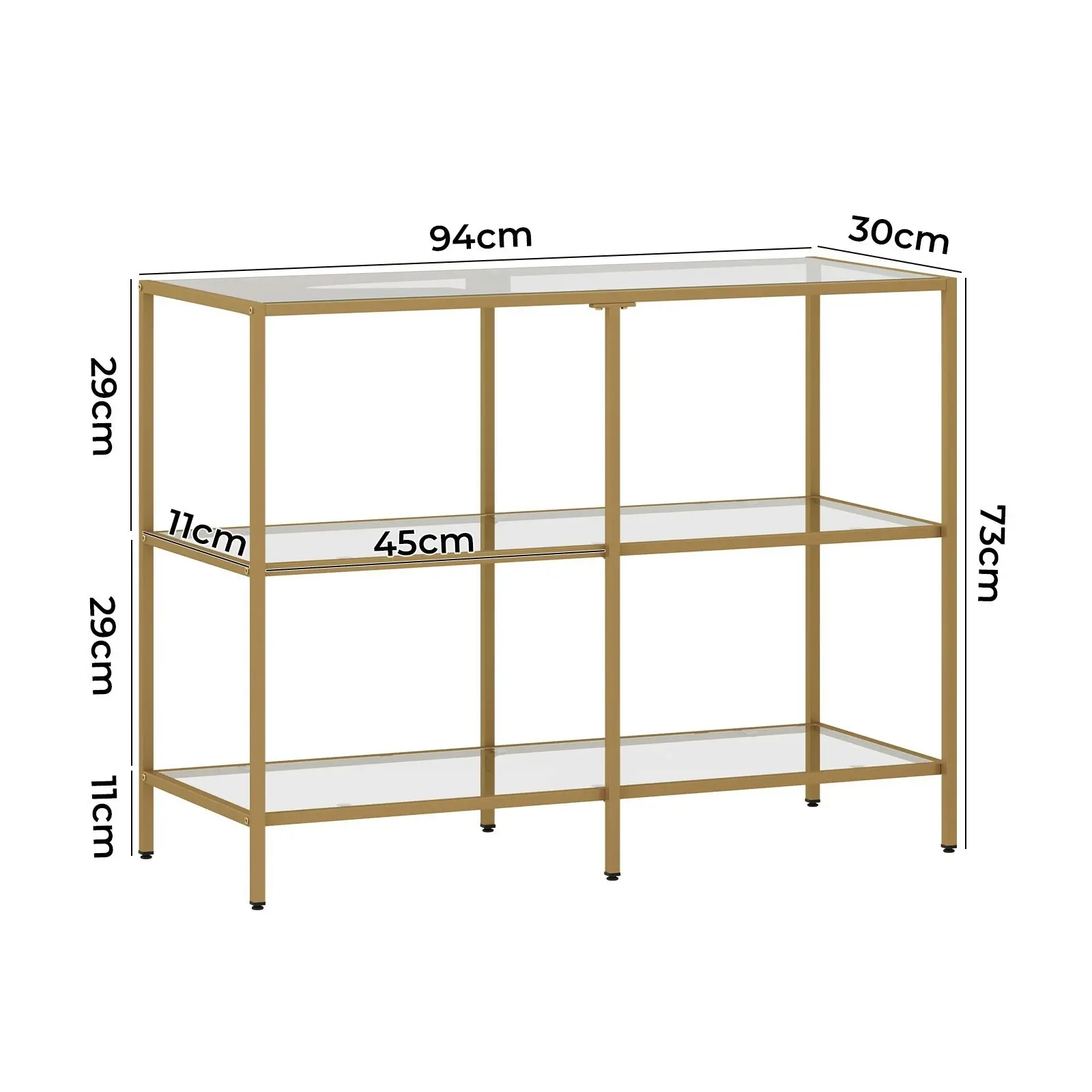 Oikiture 3 Shelves Console Table Tempered Glass Sofa Table Hall Side Entry Gold