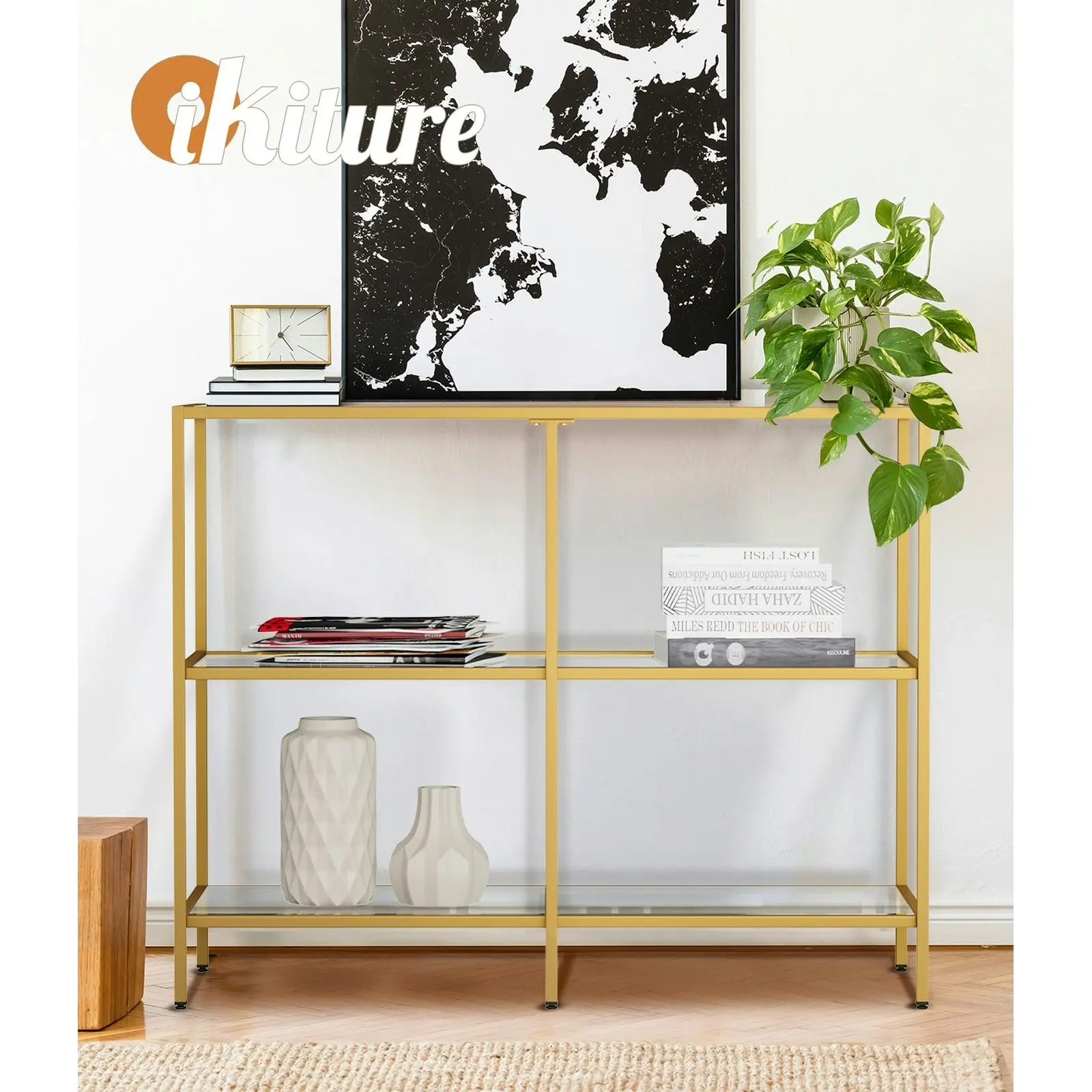 Oikiture 3 Shelves Console Table Tempered Glass Sofa Table Hall Side Entry Gold