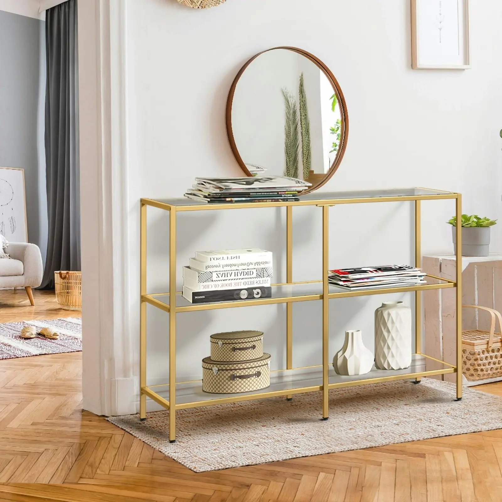 Oikiture 3 Shelves Console Table Tempered Glass Sofa Table Hall Side Entry Gold