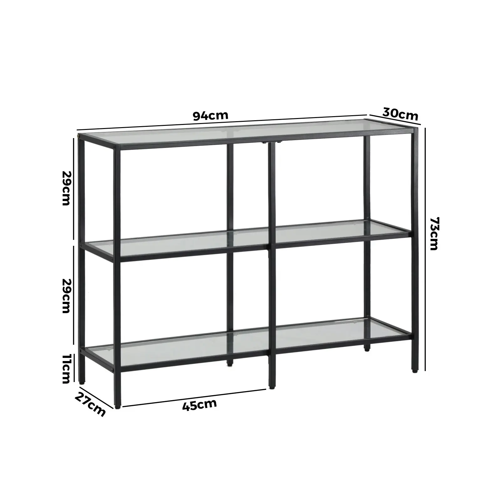 Oikiture 3 Shelves Console Table Tempered Glass Sofa Table Hall Side Entry Black