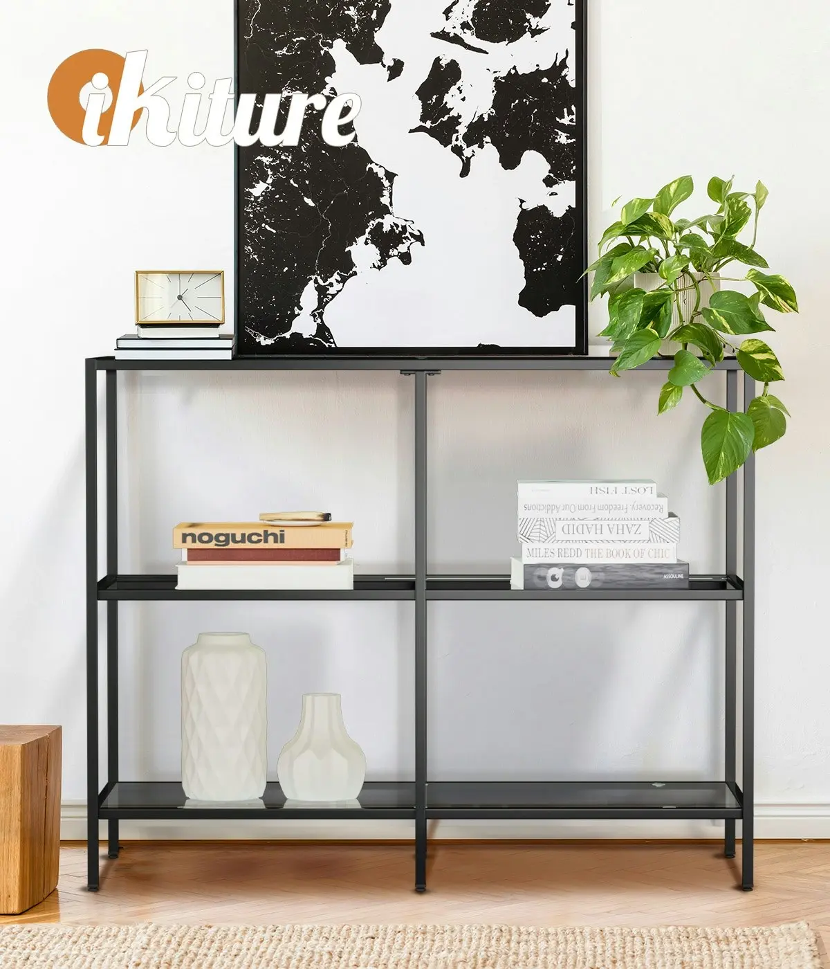 Oikiture 3 Shelves Console Table Tempered Glass Sofa Table Hall Side Entry Black