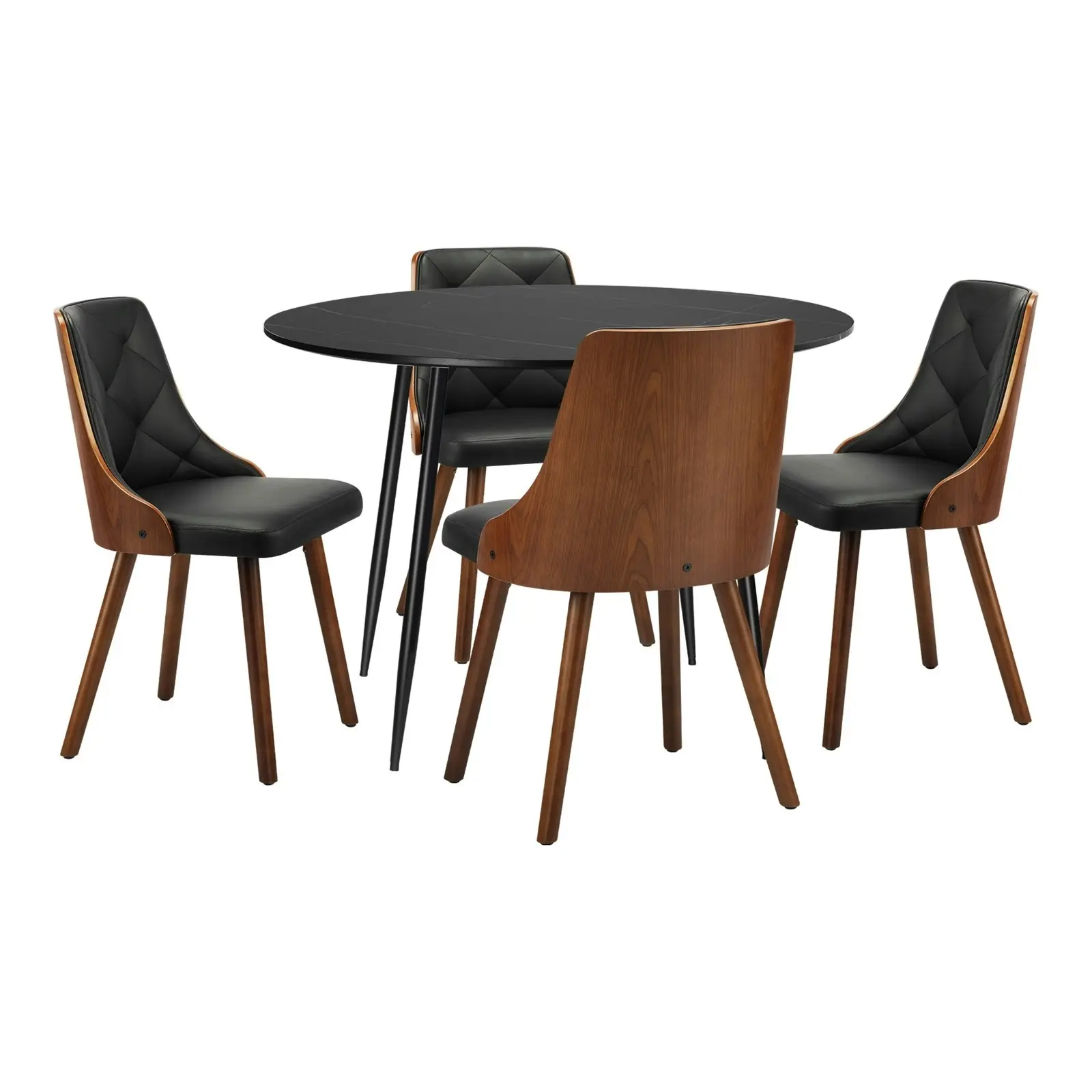 Oikiture 110cm Round Dining Table with 4PCS Dining Chairs Faux Leather Black