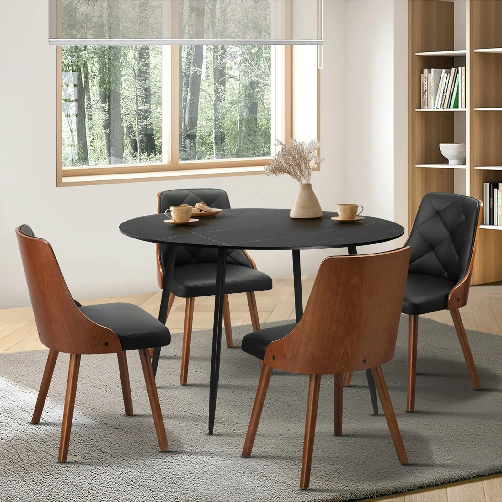 Oikiture 110cm Round Dining Table with 4PCS Dining Chairs Faux Leather Black