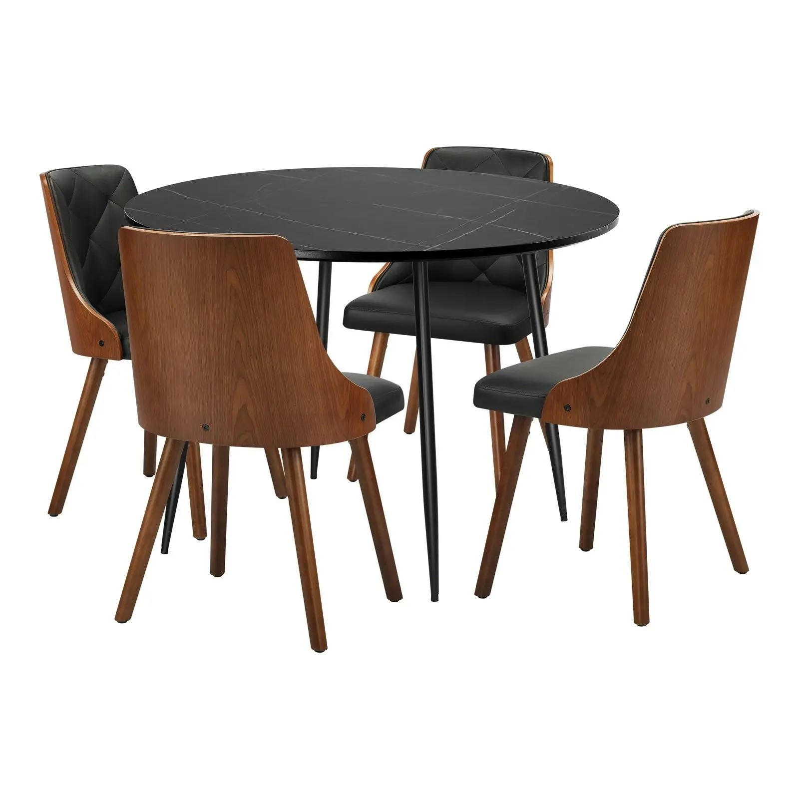 Oikiture 110cm Round Dining Table with 4PCS Dining Chairs Faux Leather Black