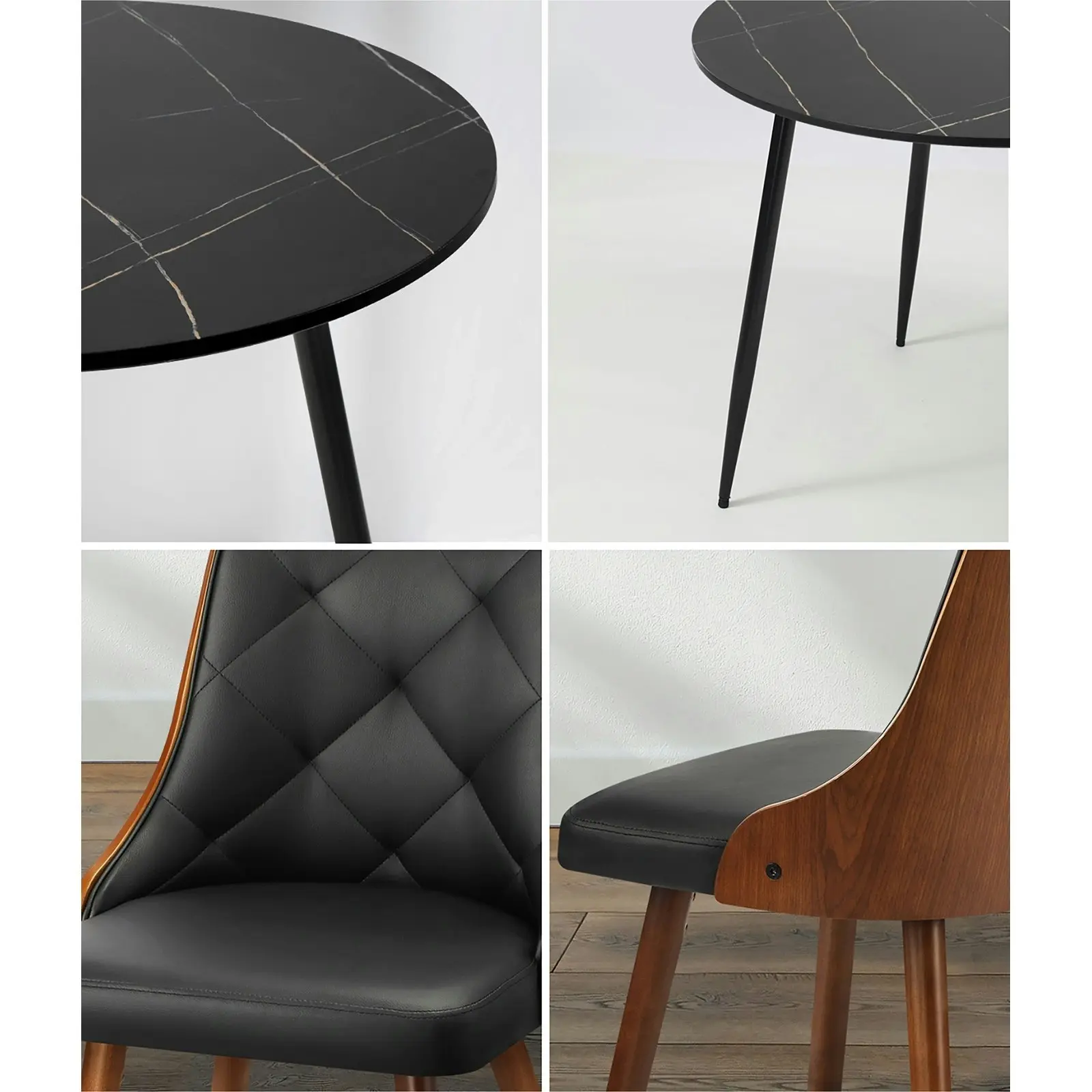 Oikiture 110cm Round Dining Table with 4PCS Dining Chairs Faux Leather Black