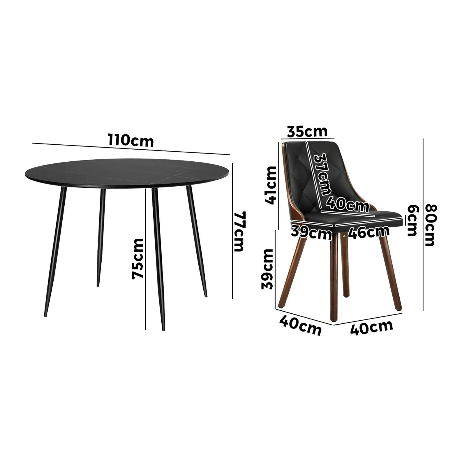 Oikiture 110cm Round Dining Table with 4PCS Dining Chairs Faux Leather Black