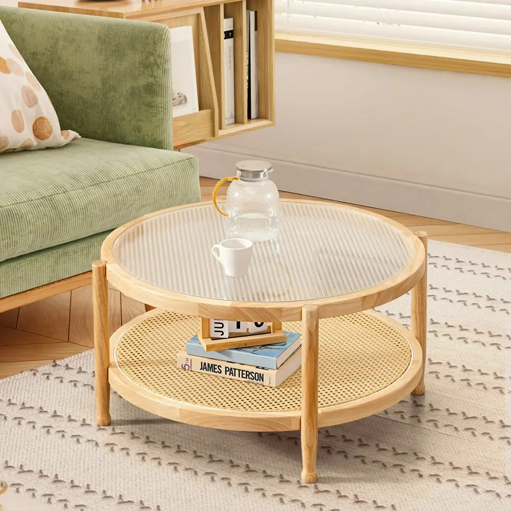 Furb 80CM Round Coffee Table 2-Tier Side End Tables Wooden Frame for Living Room