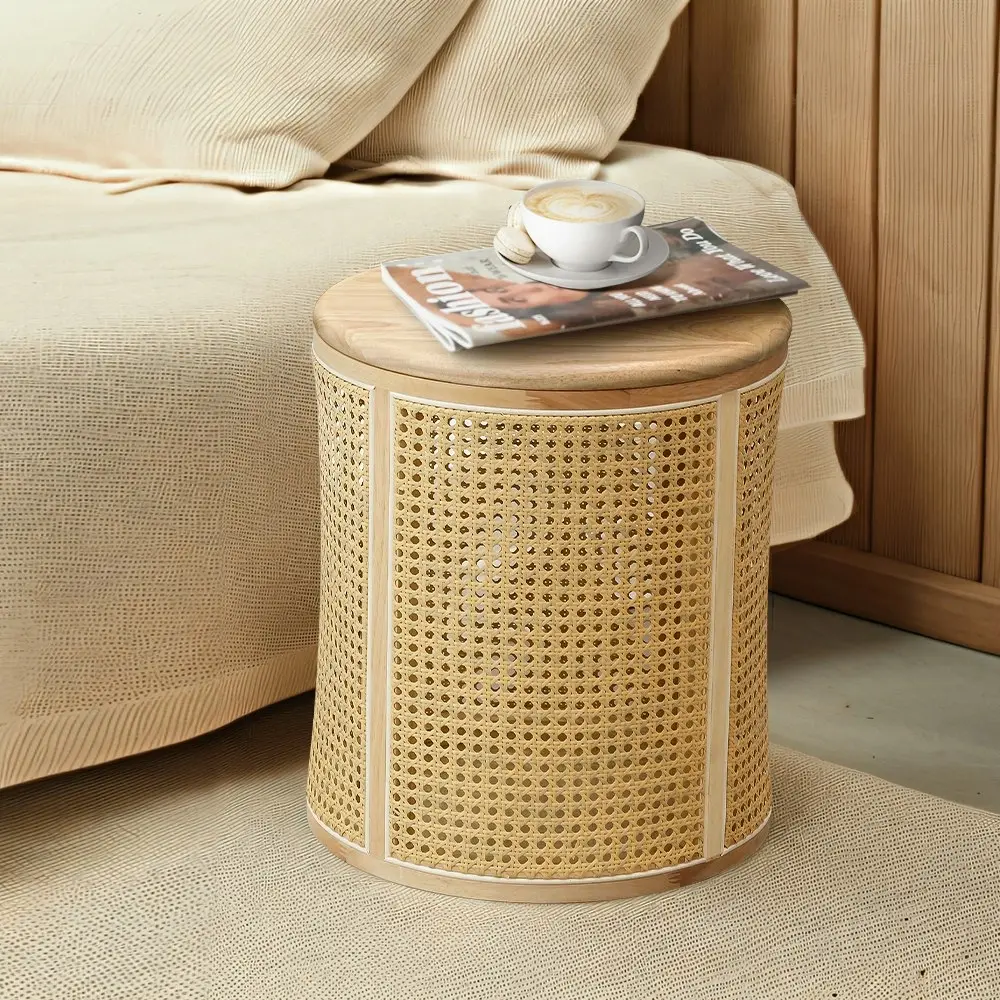 Furb Rattan Bedside Table Round Coffee Side End Tables Sofa Desk w/Storage, OAK