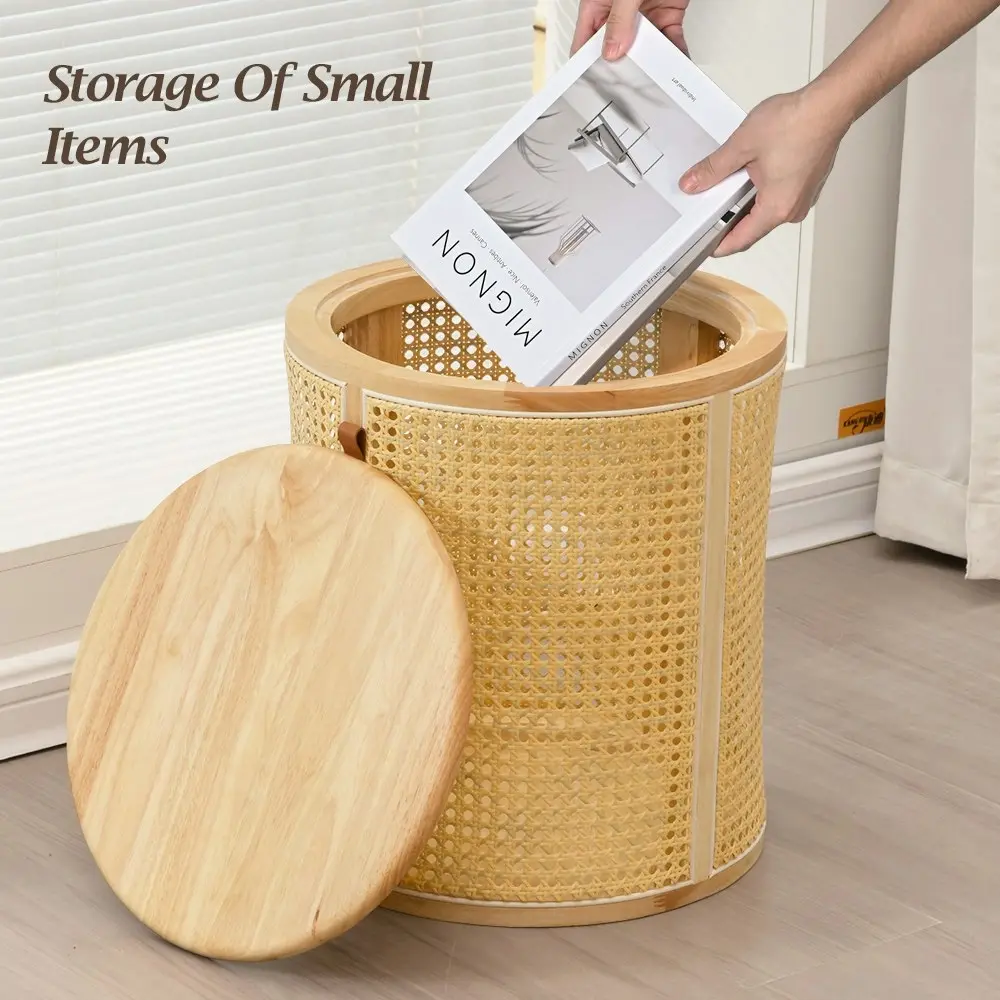 Furb Rattan Bedside Table Round Coffee Side End Tables Sofa Desk w/Storage, OAK