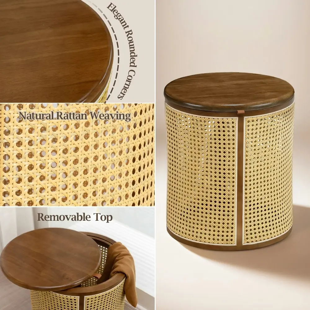 Furb Rattan Bedside Table Round Coffee Side End Tables Sofa Desk w/Storage, 40CM