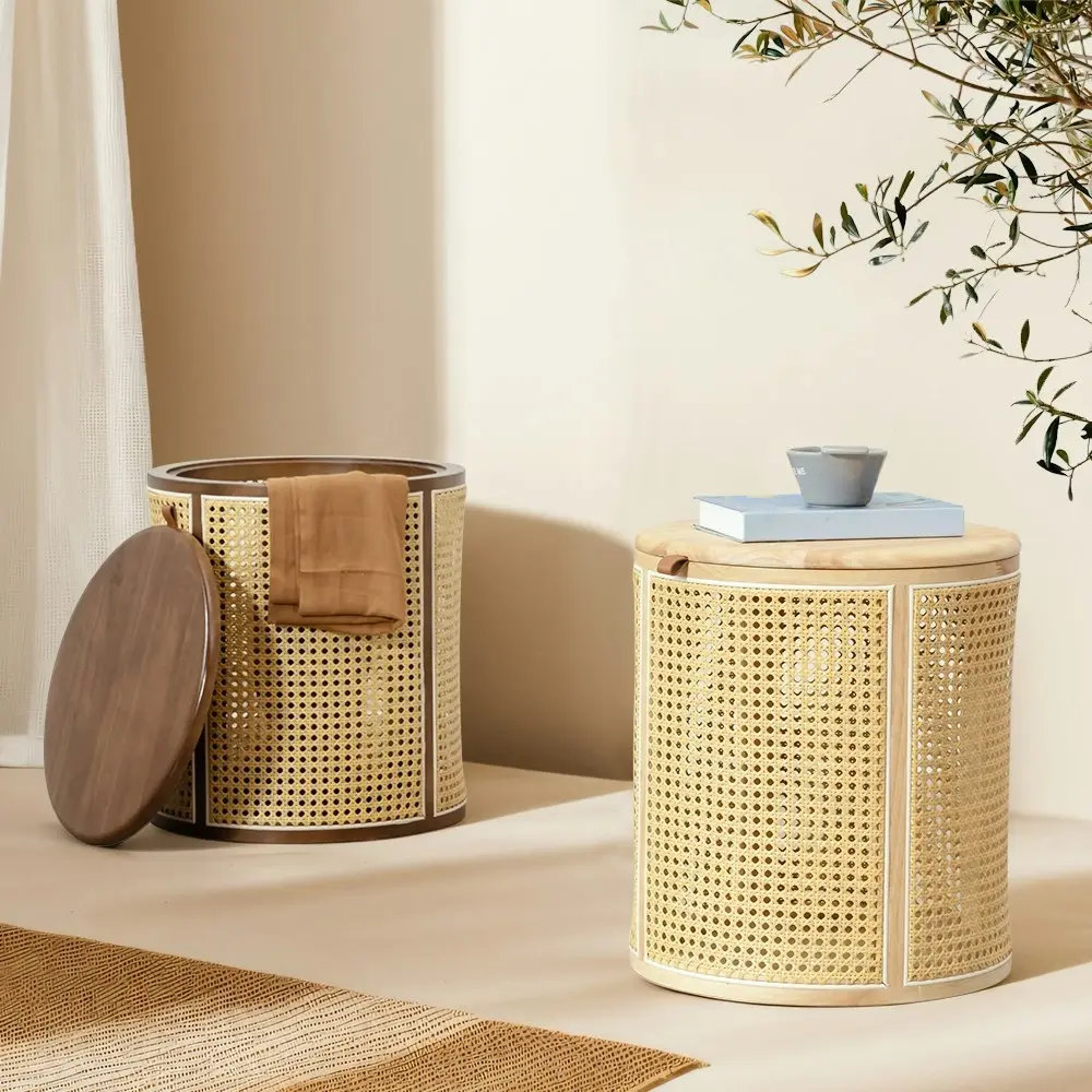 Furb Rattan Bedside Table Round Coffee Side End Tables Sofa Desk w/Storage, 40CM