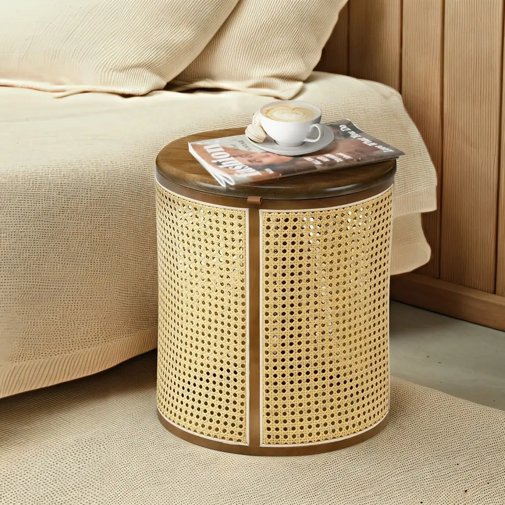 Furb Rattan Bedside Table Round Coffee Side End Tables Sofa Desk w/Storage, 40CM