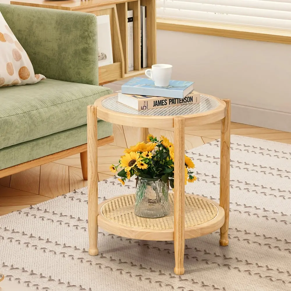 Furb 50CM Round Coffee Table 2-Tier Side End Tables Wooden Frame for Living Room