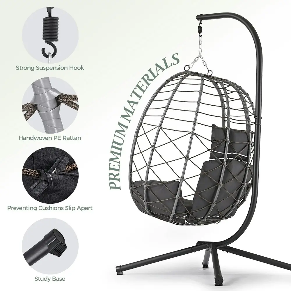 Groverdi Outdoor Hanging Egg Chair with Stand Patio Rattan Egg Swing Chair Grey