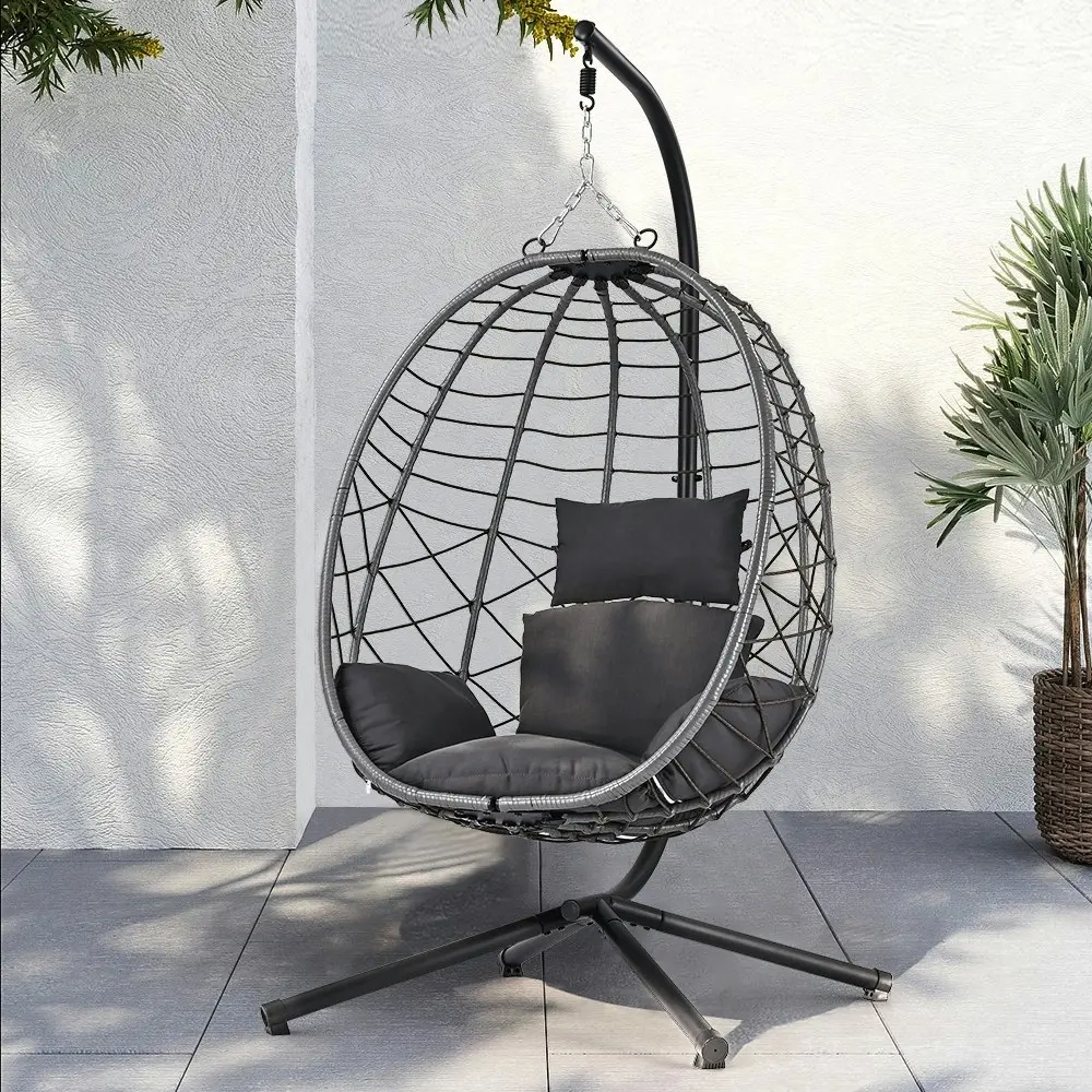 Groverdi Outdoor Hanging Egg Chair with Stand Patio Rattan Egg Swing Chair Grey