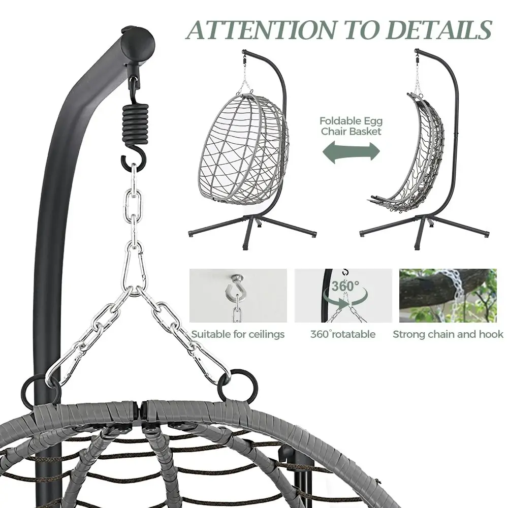 Groverdi Outdoor Hanging Egg Chair with Stand Patio Rattan Egg Swing Chair Grey