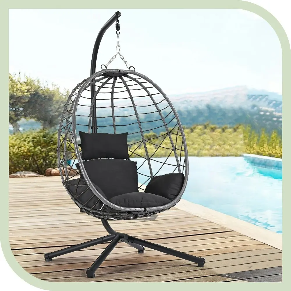 Groverdi Outdoor Hanging Egg Chair with Stand Patio Rattan Egg Swing Chair Grey