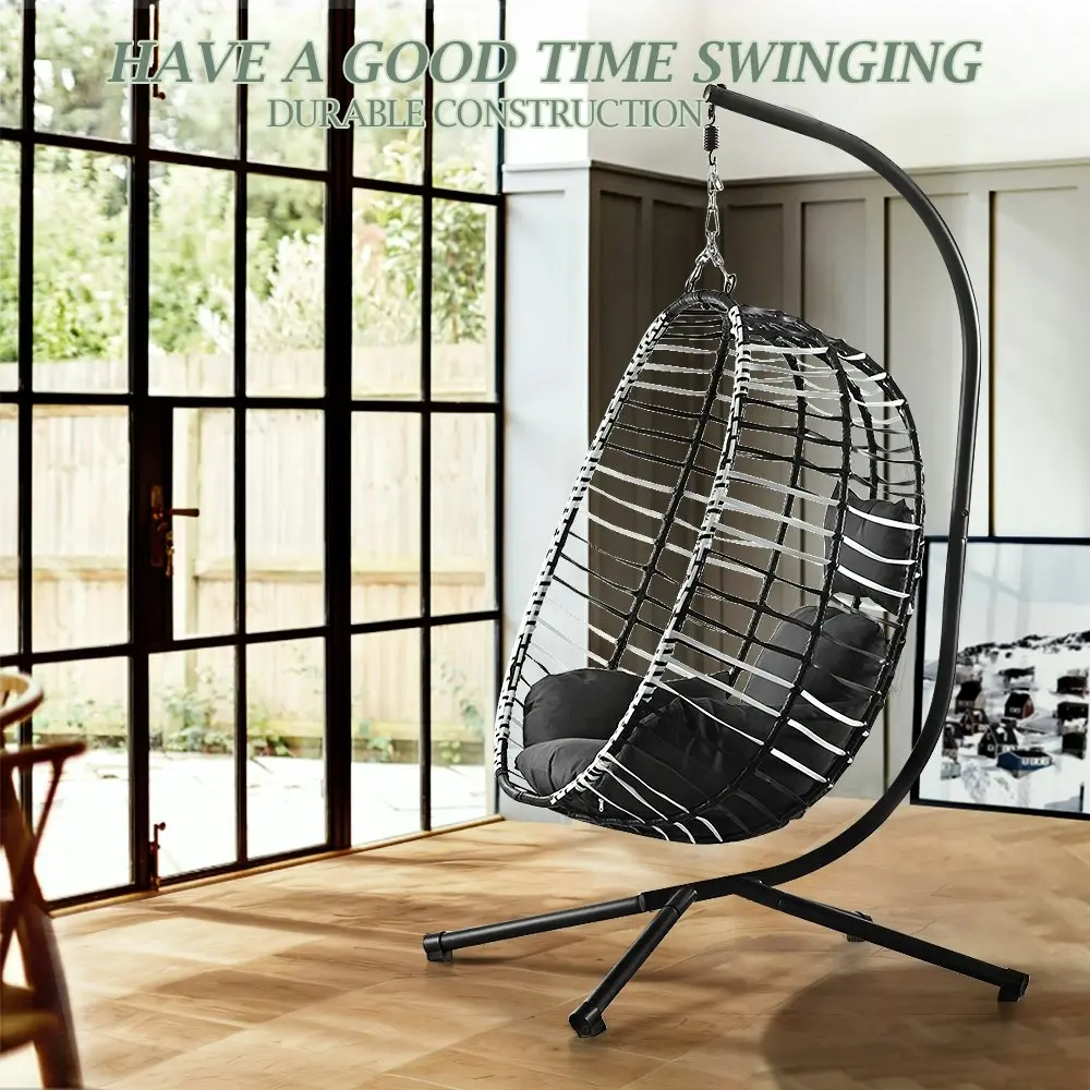 Groverdi Outdoor Hanging Egg Chair with Stand Patio Rattan Egg Swing Chair Black