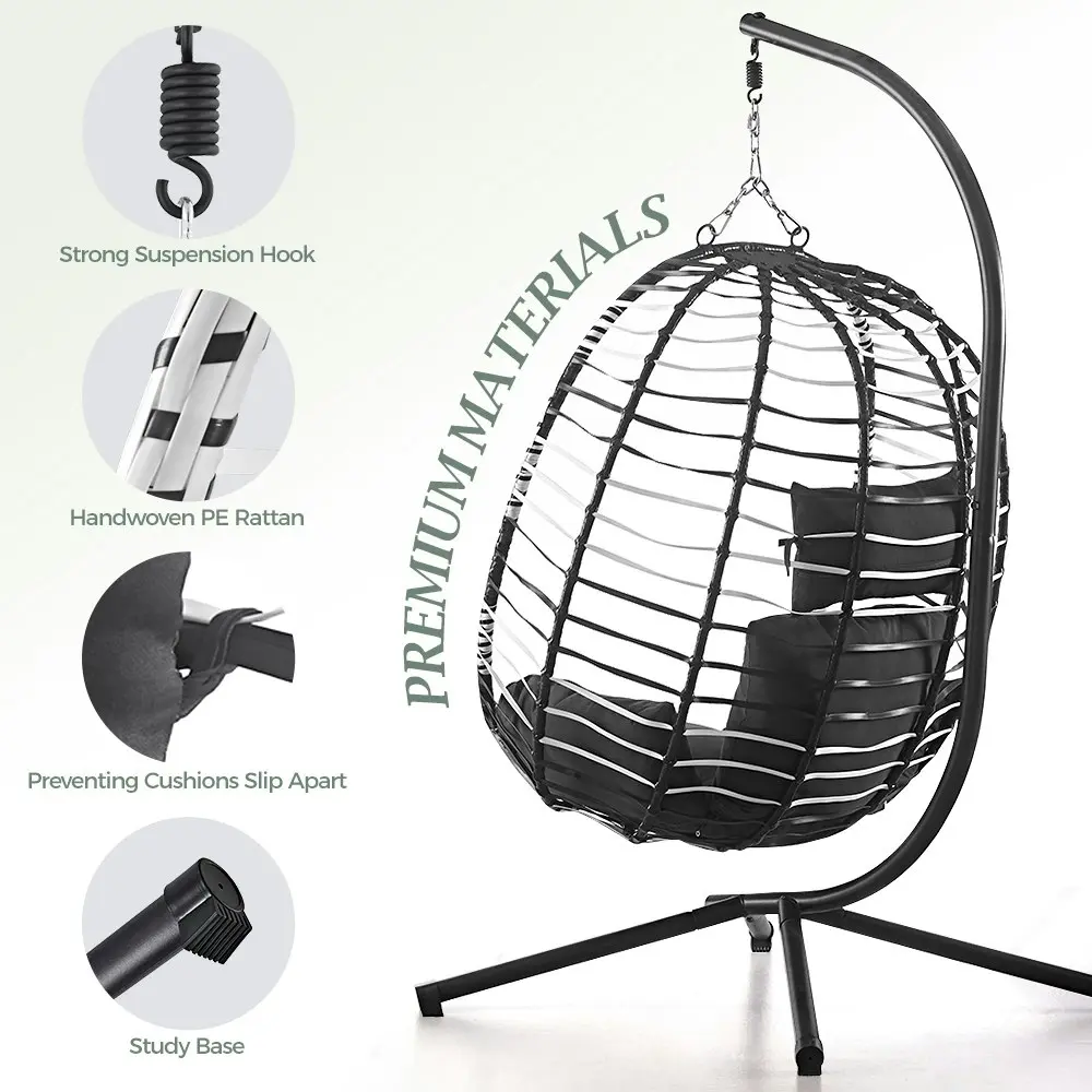 Groverdi Outdoor Hanging Egg Chair with Stand Patio Rattan Egg Swing Chair Black