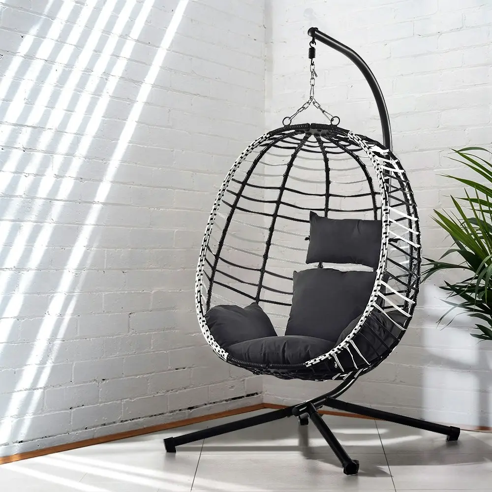 Groverdi Outdoor Hanging Egg Chair with Stand Patio Rattan Egg Swing Chair Black