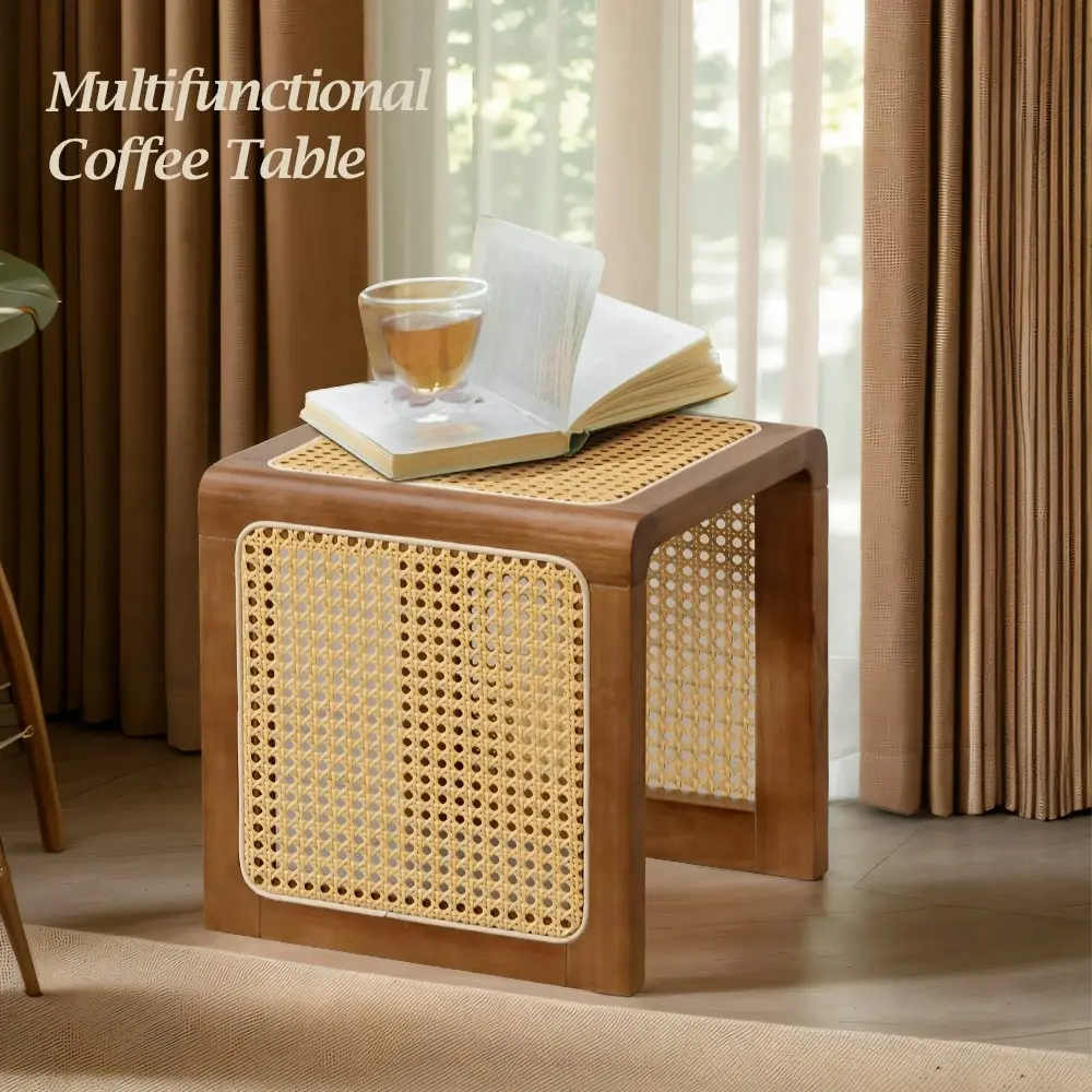 Furb Rattan Coffee Side End Tables Bedside Table for Home, Living Room, Walnut