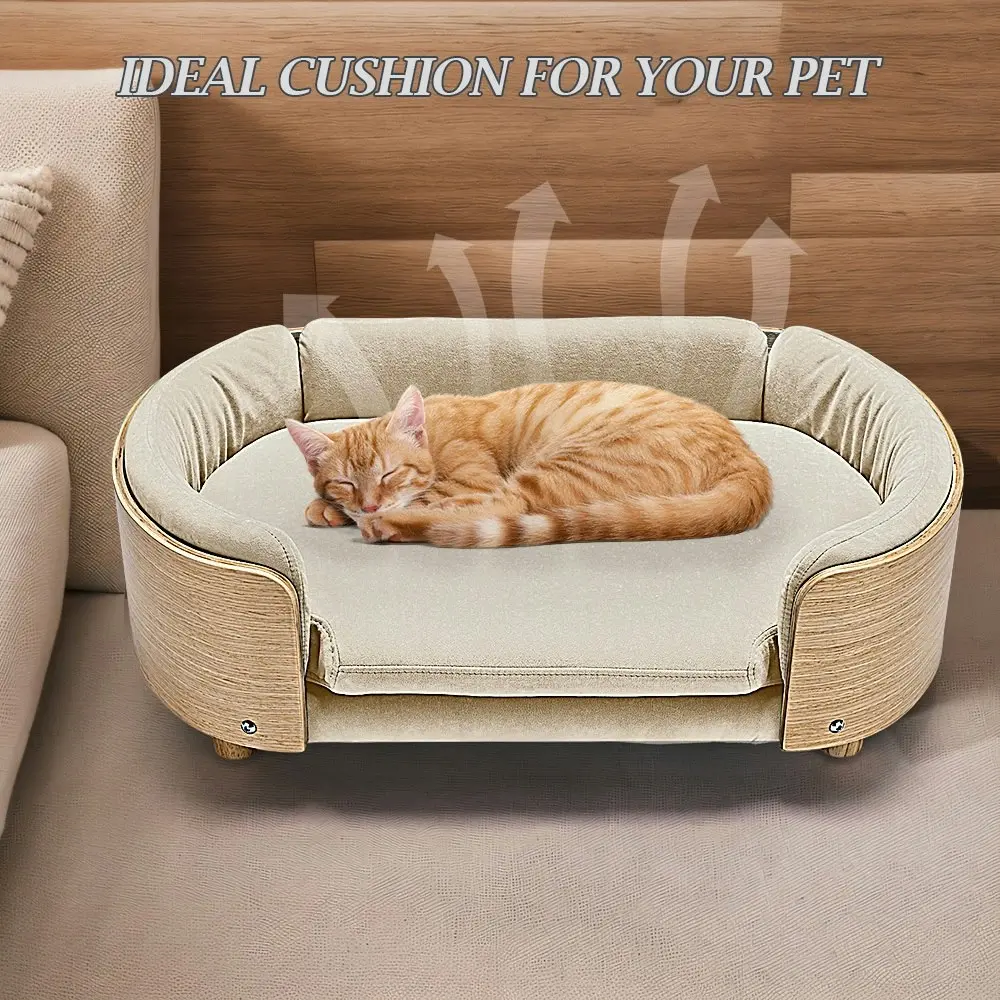 Taily Velvet Pet Dog Sofa Bed Washable Cover Modern Bentwood for Large Dog Beige