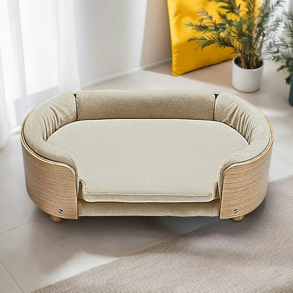 Taily Velvet Pet Dog Sofa Bed Washable Cover Modern Bentwood for Large Dog Beige