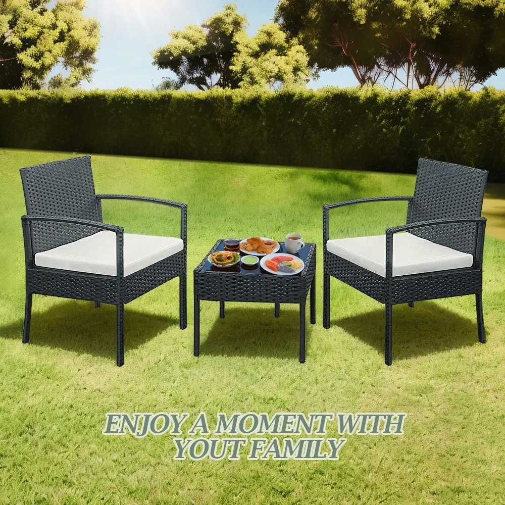 Groverdi 3 PCS Outdoor Dining Set Wicker Patio Dining Chair Table Cushion Black