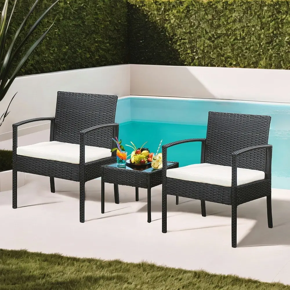 Groverdi 3 PCS Outdoor Dining Set Wicker Patio Dining Chair Table Cushion Black