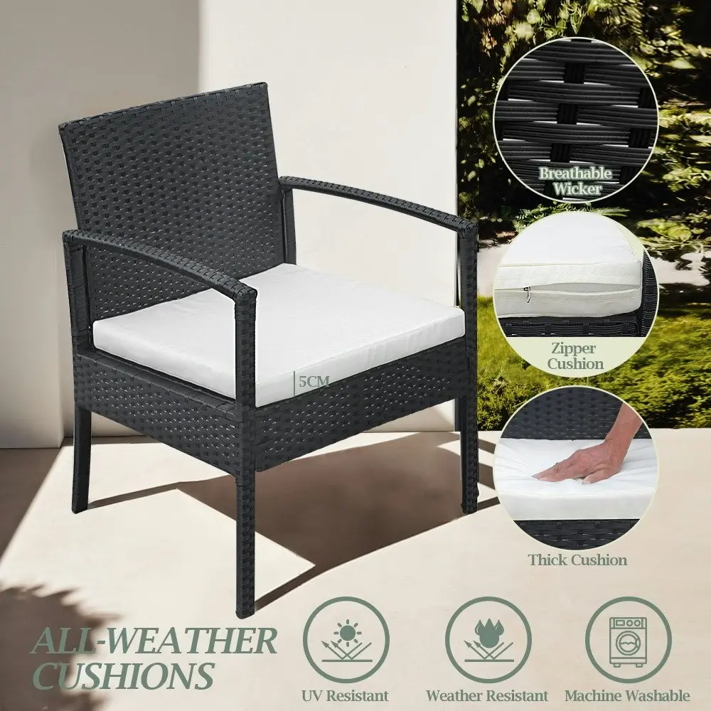 Groverdi 3 PCS Outdoor Dining Set Wicker Patio Dining Chair Table Cushion Black