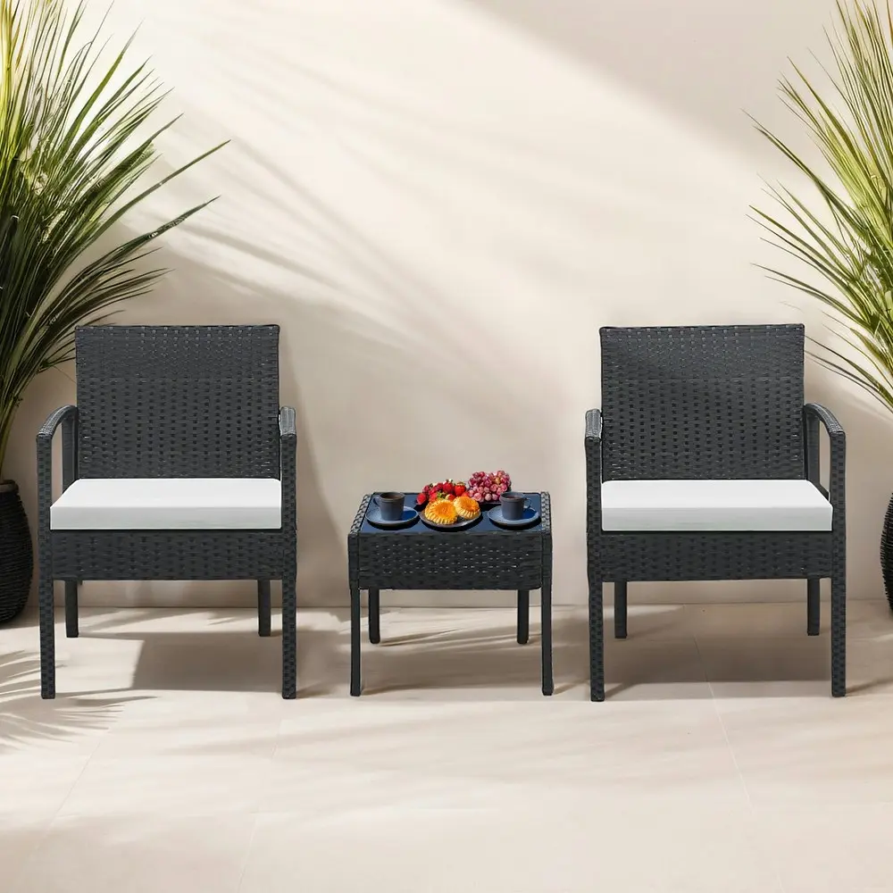 Groverdi 3 PCS Outdoor Dining Set Wicker Patio Dining Chair Table Cushion Black