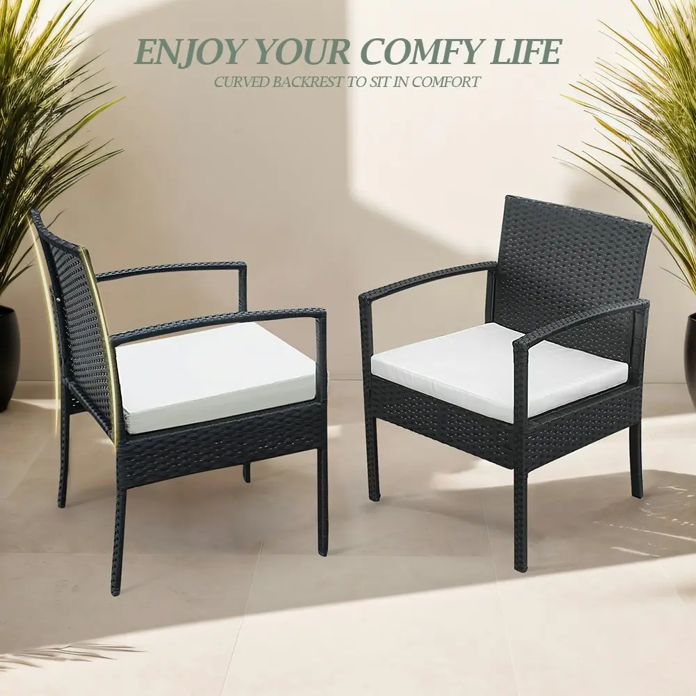 Groverdi 3 PCS Outdoor Dining Set Wicker Patio Dining Chair Table Cushion Black