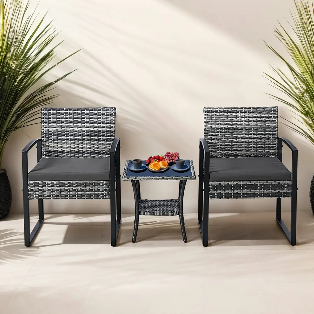 Groverdi 3 PCS Outdoor Dining Set Wicker Patio Dining Chair Table Cushion Grey