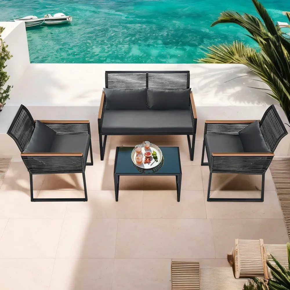 Groverdi 4PCS Wicker Outdoor Furniture Set w/Cushion Armrests Steel Frame, Black