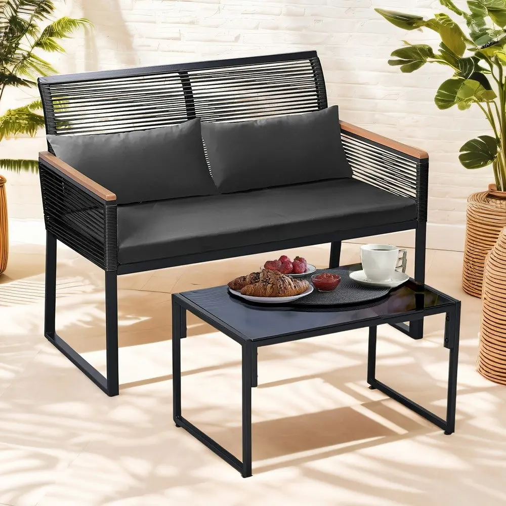 Groverdi 4PCS Wicker Outdoor Furniture Set w/Cushion Armrests Steel Frame, Black