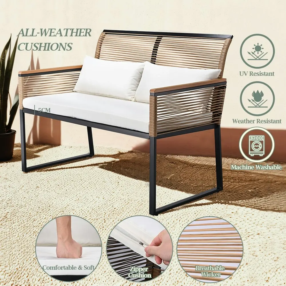 Groverdi 4PCS Wicker Outdoor Furniture Set w/Cushion Armrests Steel Frame, Wood