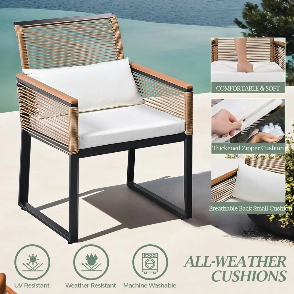 Groverdi 2PCS Outdoor Wicker Dining Chairs Curved Backrest Steel Frame Wood