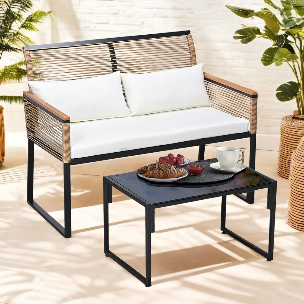 Groverdi 2 Seater Wicker Patio Loveseat Removable Cushions Side Table Set Wood