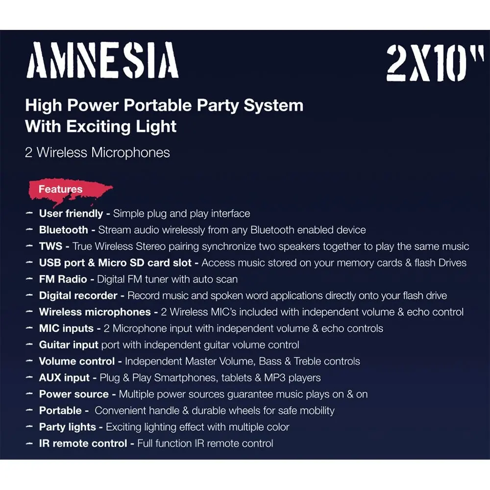 Pure Acoustics Amnesia PA 1200W Party Bluetooth Speaker/FM Radio/2 Wireless Mic