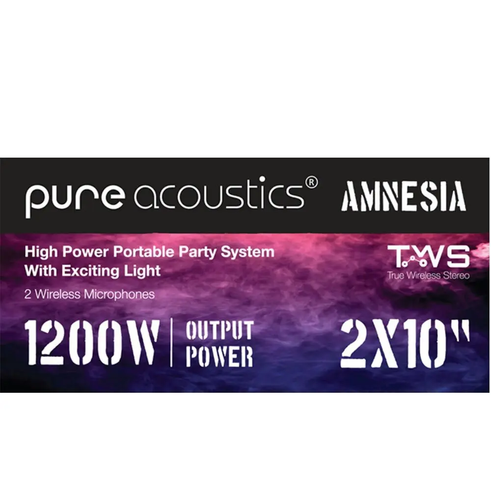 Pure Acoustics Amnesia PA 1200W Party Bluetooth Speaker/FM Radio/2 Wireless Mic