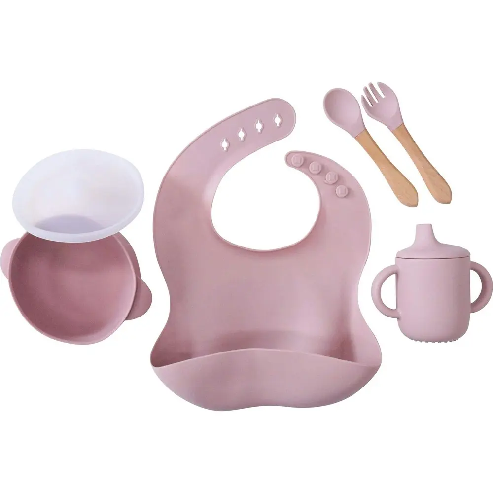 2x LVD Silicone Baby/Toddler Feeding Dinnerware Set Bib/Cutlery/Cup/Bowl Dusty