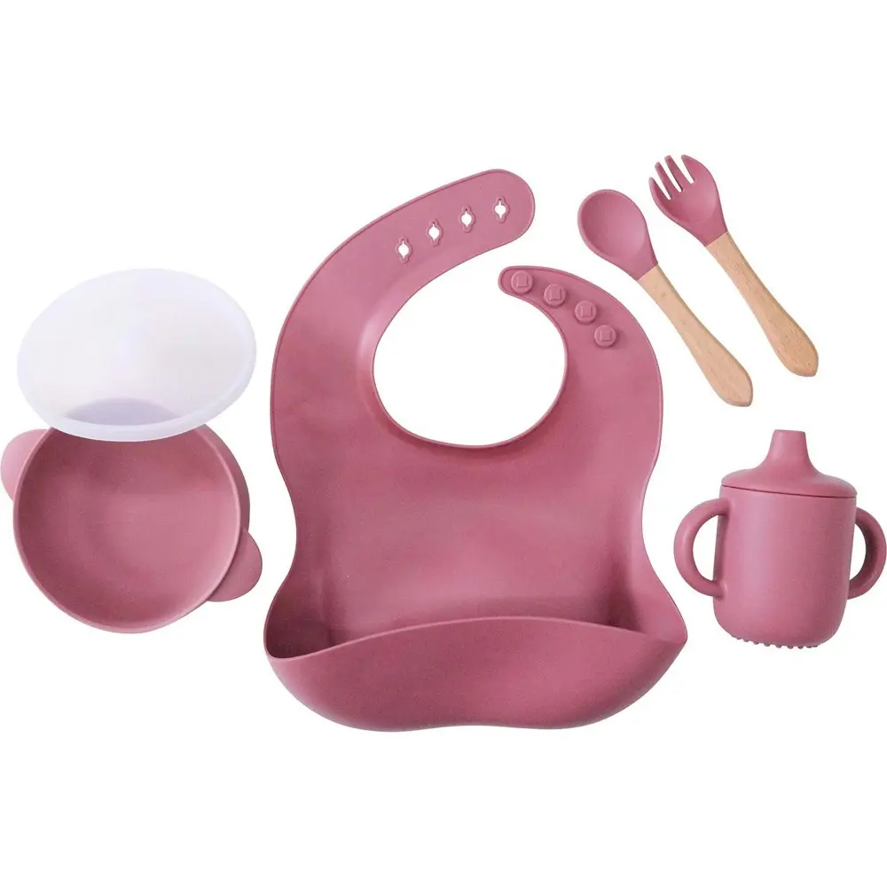 2x LVD Silicone Baby/Toddler Feeding Bowl/Bib/Cutlery/Cup Dinner Set Mulberry