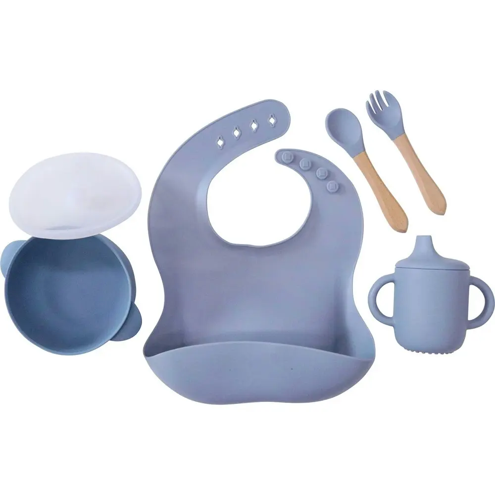 2x LVD Silicone Baby/Toddler Feeding Dinnerware Set Bib/Spoon/Fok/Cup/Bowl Blue