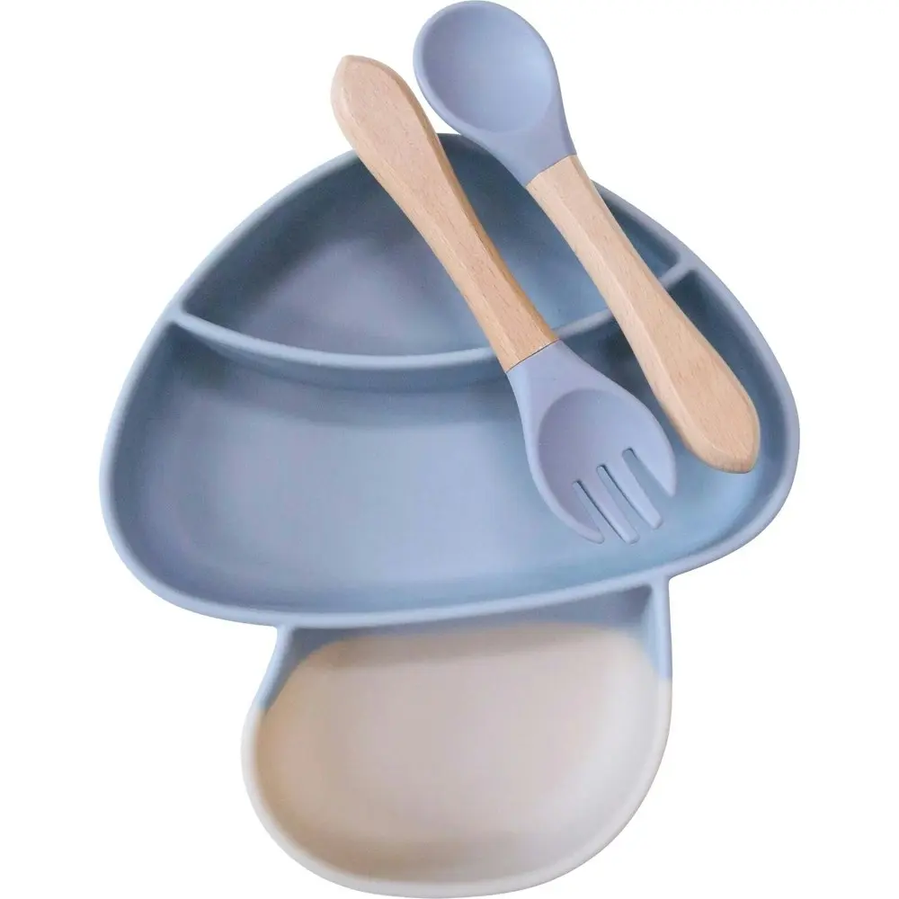 2x LVD Silicone Baby Feeding Mushroom Bowl/Spoon/Fork Set Wood Handle 18x18.5cm