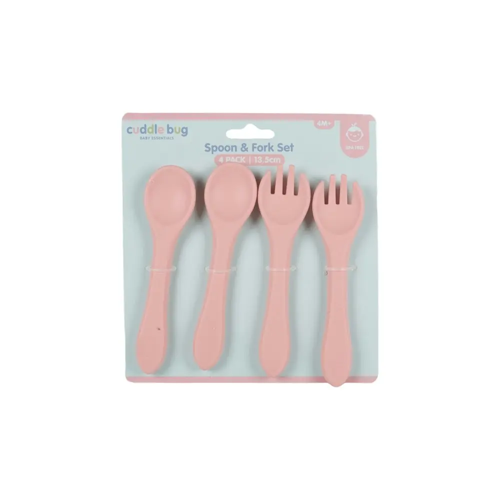 4x 4pc Cuddle Bug Baby Feeding Silicone Spoon Fork Set Pink/Blue 13.5cm Assorted