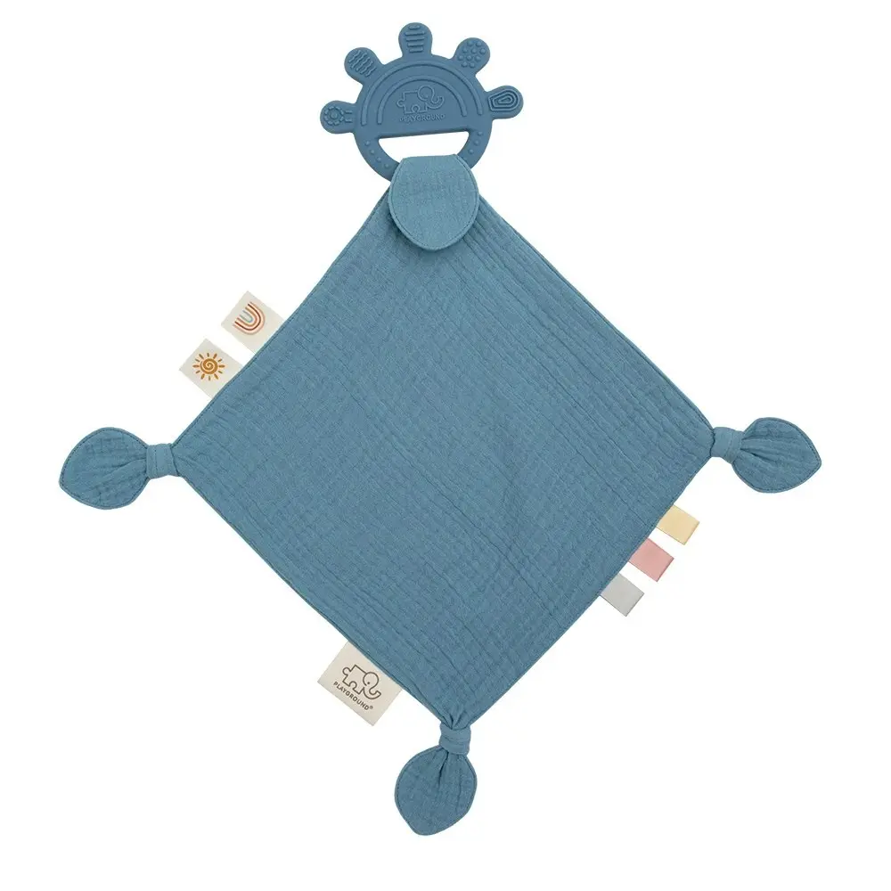 2x Playground Baby Silicone/Cotton Comfort Teether Blanket/Teething 4m+ Blue